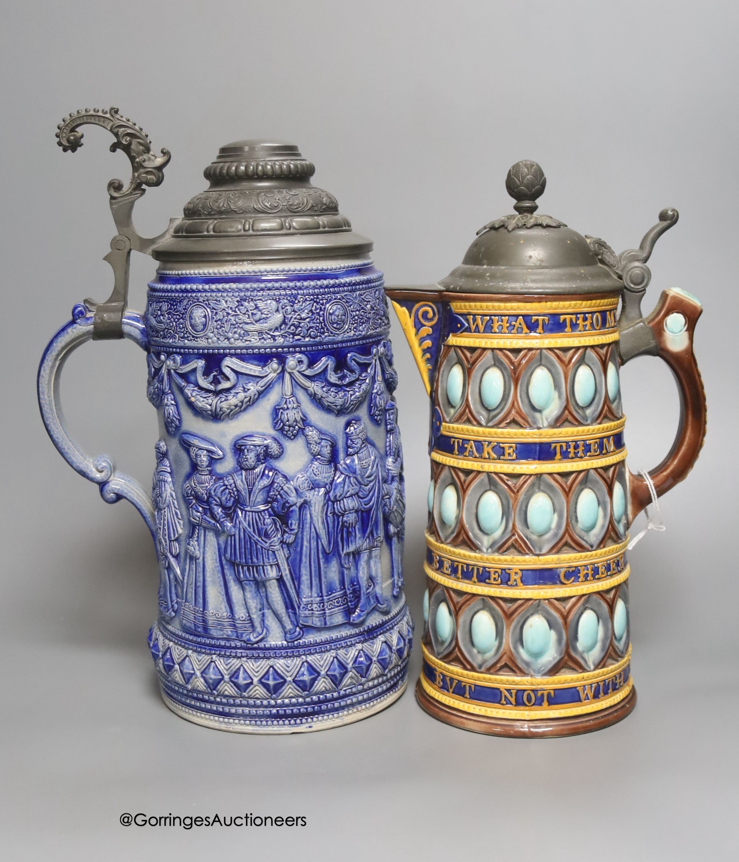 A Wedgwood pewter lidded majolica jug, a Majolica style jug, a stein and a 19th century Masons pot pourri, tallest 32cm